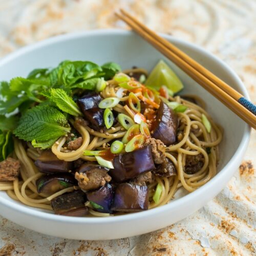 Dry Ramen with Eggplant & Ground Turkey - Nourish Evolution